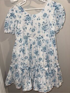 Blue Floral Puff-Sleeve Kids Dress - Happily Grey Kids